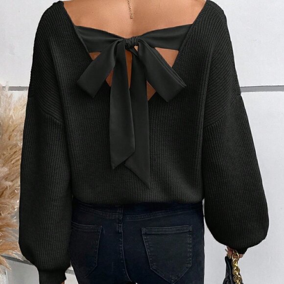 Black Casual Womens Tie Back Drop Shoulder Sweater - Picture 2 of 5